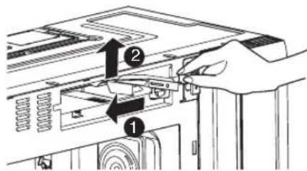 Diagram showing a hand operating a computer drive with labeled parts 1 and 2, indicating file or component positioning.