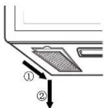 Diagram showing a mechanical or electrical component with labeled parts and directional arrows indicating movement or force.