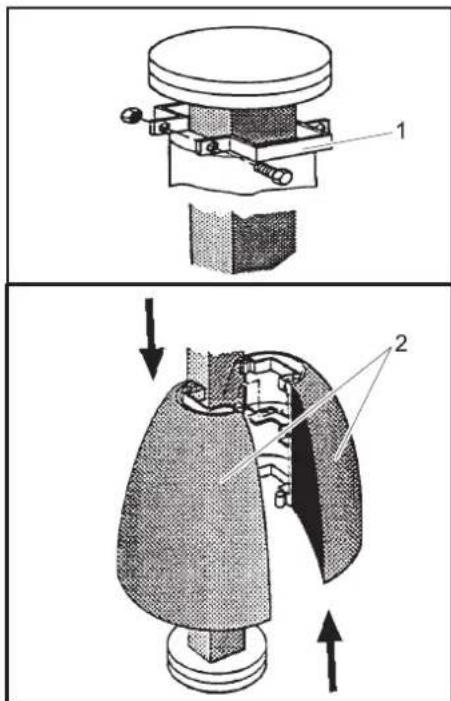 Technical diagram showing mechanical assembly with labeled parts and directional arrows indicating motion or force
