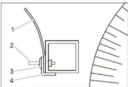 Technical diagram of a mechanical device with numbered components and cross-sectional view