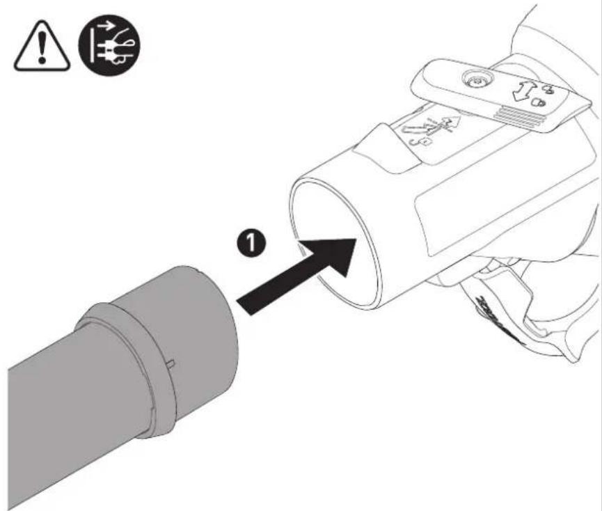 Diagram showing a pipe being inserted into a device with warning symbols and an arrow labeled '1'