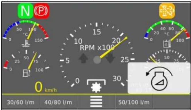 N P 50 100 °C 150 0 25 50 75 0 100 RPM x100 5 20 25 0 30 km/h 30/60 l/m 40/80 l/m 50/100 l/m