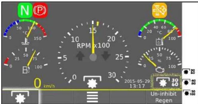 N P 50 100 + C 150 0 25 50 75 0 100 B RPM x100 15 20 5 25 0 30 km/h 2015-05-29 13:17 Un-inhibit Regen