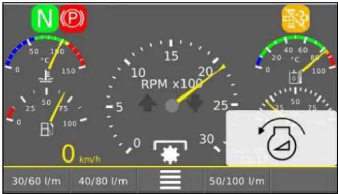 N P 50 100 0 150 25 75 0 100 RPM x100 5 20 25 0 30 km/h 30/60 l/m 40/80 l/m 50/100 l/m