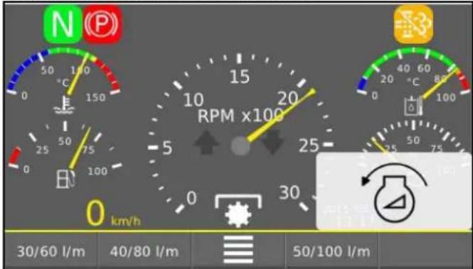 N P 50 150 °C 150 0 25 50 75 0 100 RPM x100 15 20 5 25 0 30 km/h 30/60 l/m 40/80 l/m 50/100 l/m