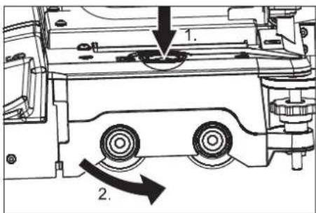 Technical diagram showing mechanical components with numbered annotations and directional arrows indicating motion or movement.