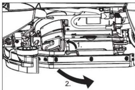 Technical diagram of a car engine showing internal components and directional arrows labeled 1 and 2.