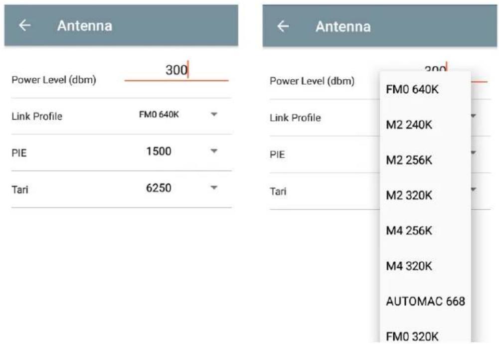 Antenna Power Level (dbm) 300 Link Profile FM0 640K PIE 1500 Tari 6250 Antenna Power Level (dbm) 300 FM0 640K M2 240K M2 256K M2 320K M4 256K M4 320K AUTOMAC 668 FM0 320K