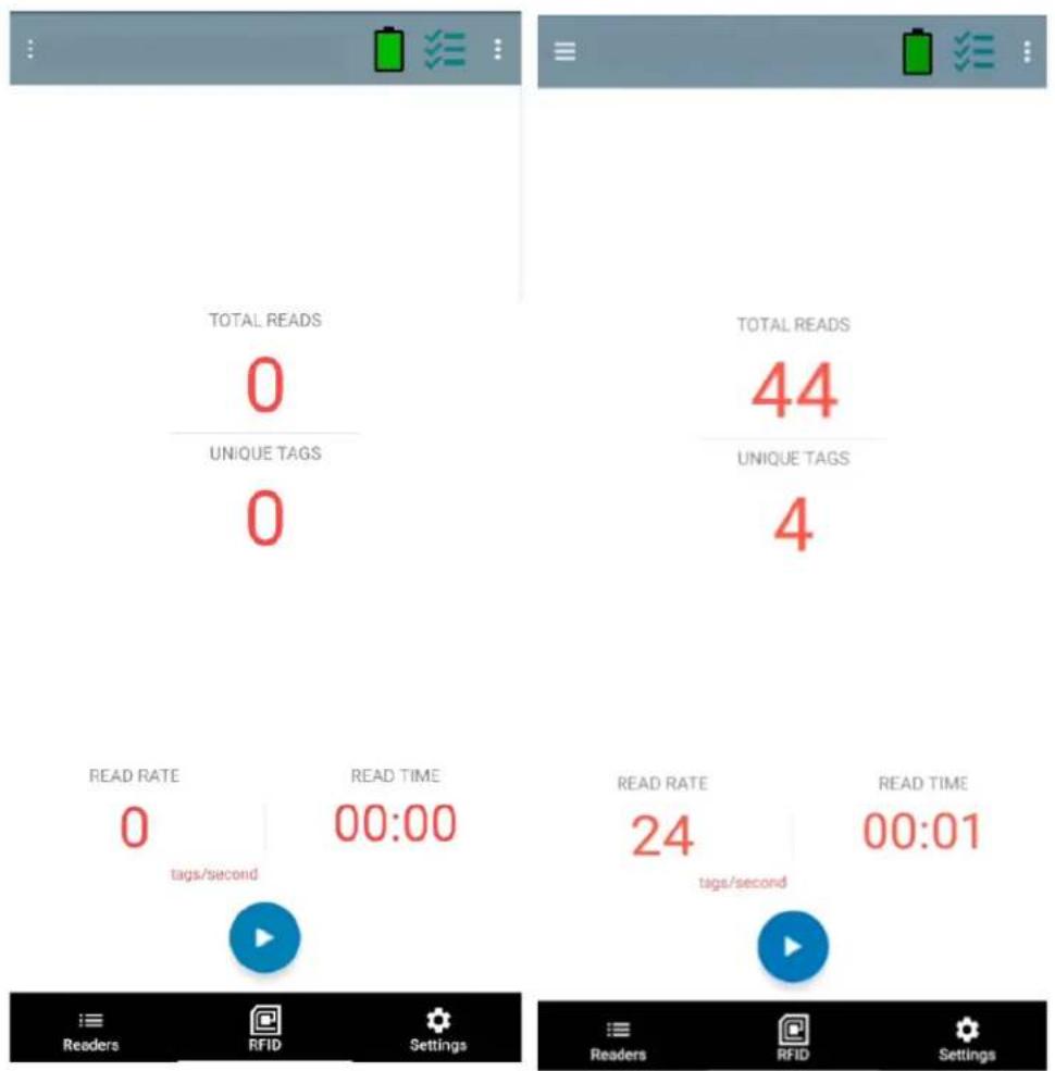 TOTAL READS 0 UNIQUE TAGS 0 READ RATE 0 tags/second READ TIME 00:00 READ RATE 24 tags/second READ TIME 00:01 READ RATE 44 UNIQUE TAGS 4 READ TIME Readers RFID Settings Readers RFID Settings