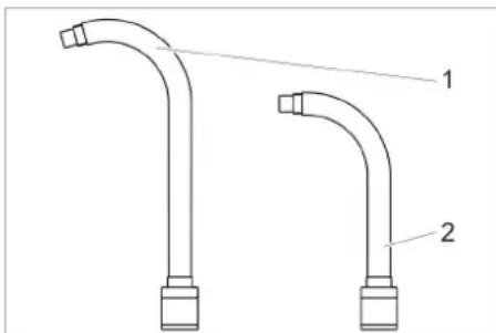 Technical diagram showing two bent pipe fittings labeled 1 and 2, with a dimension line indicating measurement or connection.