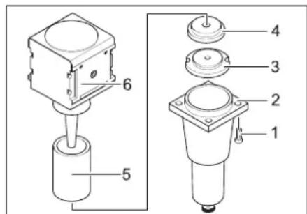 Technical diagram of a mechanical component with numbered parts for identification