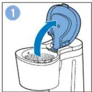 Illustration of a blue bucket being inserted into a water dispenser (no text or symbols)