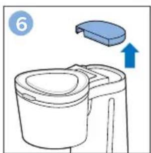 Line drawing of a toilet with a blue lid and upward arrow indicating motion (no text or symbols)