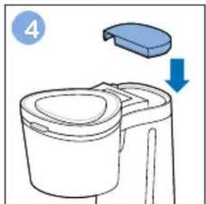 Line drawing of a toilet with a blue lid and arrow indicating downward motion (no text or symbols)