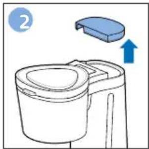 Line drawing of a toilet with a blue lid and upward arrow indicating motion (no text or symbols)