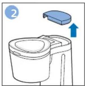 Line drawing of a toilet with a blue lid and upward arrow indicating motion (no text or symbols)