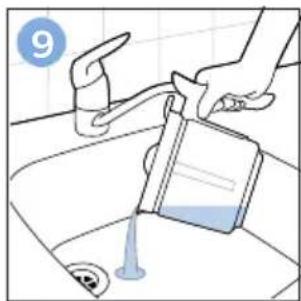 Illustration of a hand pouring liquid into a water bottle into a sink (no text or symbols)