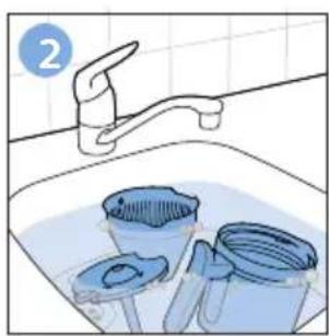 Illustration of a kitchen sink with three blue buckets and a faucet, no text or symbols present