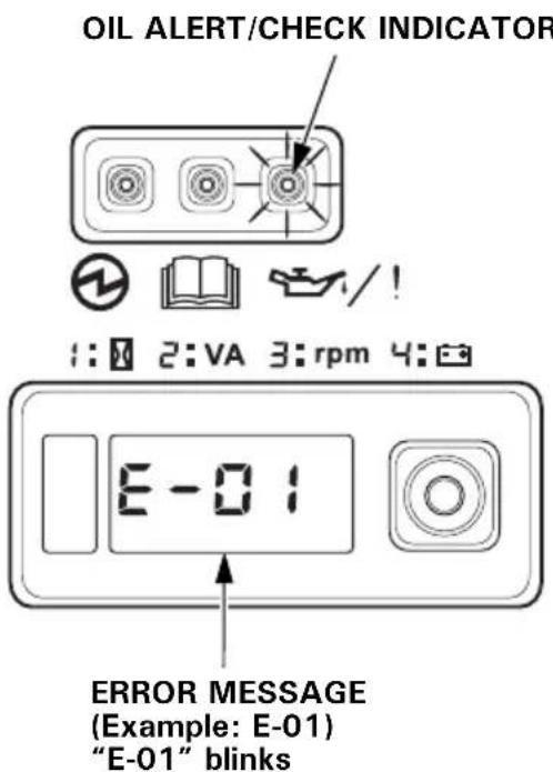 OIL ALERT/CHECK INDICATOR E-01 ERROR MESSAGE (Example: E-01) "E-01" blinks