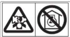 Two safety symbols: a triangular warning triangle with a hazard symbol and a circle with a house silhouette crossed out.