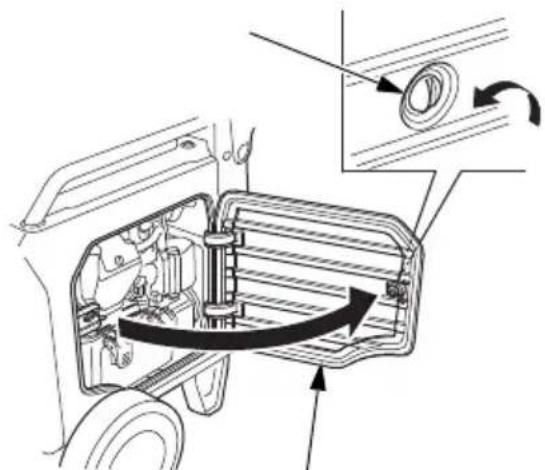 Technical diagram of a car interior showing engine compartment, wheel assembly, and directional arrows indicating motion or movement.