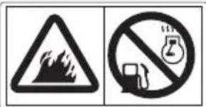 Two safety symbols: triangular warning triangle with flame and smoke, and no-noise symbol with a bottle and fuel.