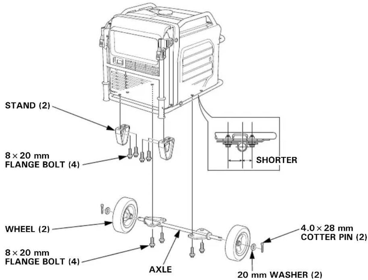 STAND (2) 8 × 20 mm FLANGE BOLT (4) SHORTER WHEEL (2) 8 × 20 mm FLANGE BOLT (4) AXLE 4.0 × 28 mm COTTER PIN (2) 20 mm WASHER (2)