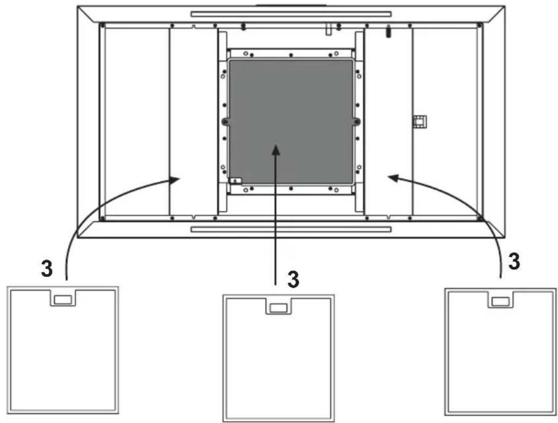 Technical diagram showing a central rectangular chamber with three labeled components and directional arrows indicating flow or movement.