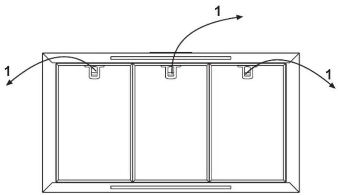 Technical diagram of a rectangular enclosure with labeled components and directional arrows indicating flow or movement.