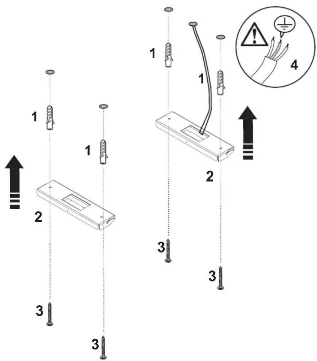 Diagram illustrating cable installation steps with numbered components and a warning symbol for electrical grounding.