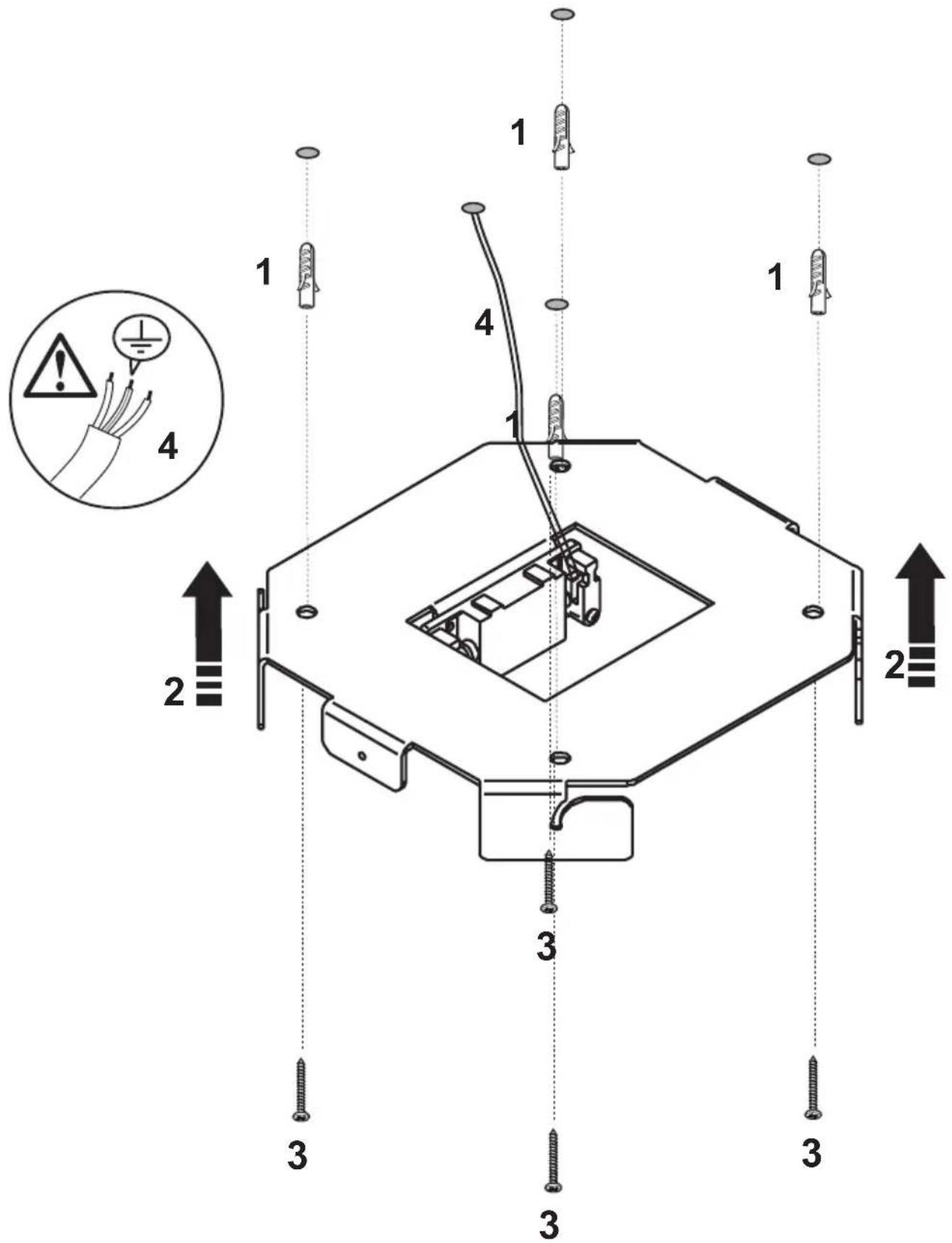 Technical diagram of a mechanical assembly with numbered components and safety warning labels