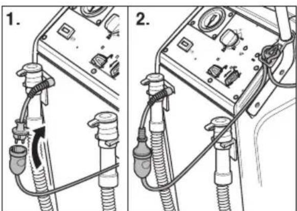 Diagram showing two connected electrical devices with hoses and connectors, labeled 1 and 2, indicating wiring or connections.