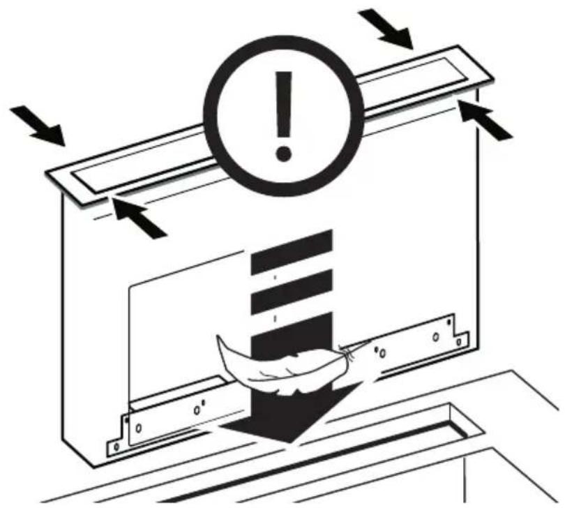 Diagram illustrating a warning or alert mechanism with an exclamation mark and directional arrows, featuring a feathered object inside a device.