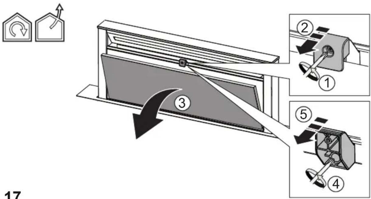 Diagram illustrating a mechanical assembly with numbered steps and directional arrows, including a schematic of a window or door mechanism.