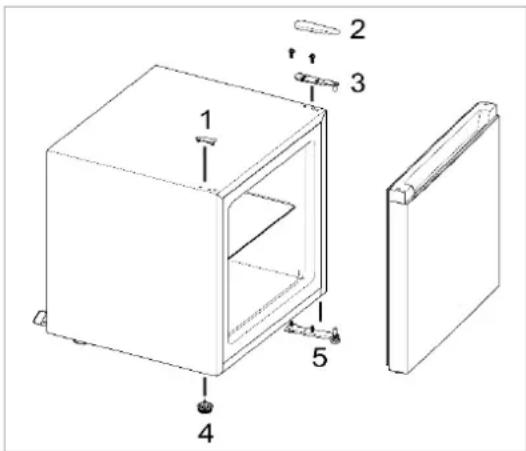 Technical diagram of a box with labeled components, showing front, side, and top views