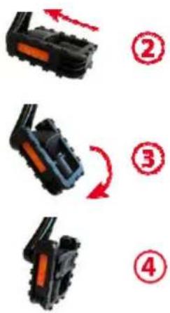 Diagram showing four steps of a device component with red arrows indicating rotation or change, labeled ② to ④.