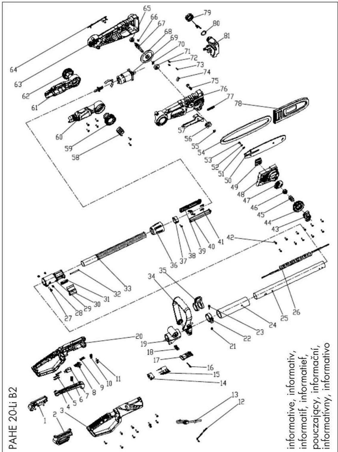 PARKSIDE PAHE 20Li B2 - Exploded Drawing · Explosionszeichnung   Vue éclatée · Explosietekening   Rysunki eksplozyine · Rozvinuté náčrtky   Vykres náhradných dielov · Eksplosionstegning   Plano de explosión - 1