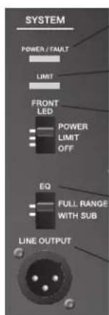 SYSTEM POWER / FAULT LIMIT FRONT LED POWER LIMIT OFF EQ FULL RANGE WITH SUB LINE OUTPUT
