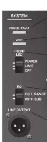 SYSTEM POWER / FAULT LIMIT FRONT LED POWER LIMIT OFF EQ FULL RANGE WITH SUB LINE OUTPUT