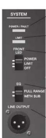 SYSTEM POWER / FAULT LIMIT FRONT LED POWER LIMIT OFF EQ FULL RANGE WITH SUB LINE OUTPUT
