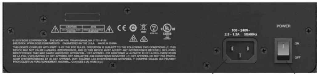 © 2013 BOSE CORPORATION - THE MOUNTAIN, FRAMSINGHAM, MA 01701-9168 PACS/REV: WWW.BOSE.COMPARTEIS ENGINEERED IN THE U.S.A. MADE IN CHINA THIS DEVICE COMPLIES WITH PART 15 OF THE FCC RULES, OPERATION IS SUBJECT TO THE FOLLOWING TWO CONDITIONS. (I) THIS DEVICE MAY NOT CRANE HAMPELE INTERFERENCE AND (D) THIS DEVICE MUST ACCEPT ANY INTERFERENCE INCLUDED. INCLUDING INTERFERENCE THAT MAY CAUSE UNOSSIED OPERATION. A CET APPAREL EST CONFORME A LA ROUTE IS DE LA RESEGMENTION DE LA FCC L'UTILIZATION DE CET APPAREL EST ASSUETTE AUX CONDITIONS SUMANTEES. (I) CET APPAREL HE DOT PAS PROVO- GODI D'INTERFERENCE ET DE CET APPAREL DOT TOLEVER LES INTERFERENCE EXTENDED. Y COMPRIE CELLES OUI PEAVIHT PROVOQUIR UN FACTORIENMENT ANGICAL CAN IDES 5 (A) ANS-3 (A) POWER ON OFF 100 - 240V - 2.3 - 1.2A 50/60Hz