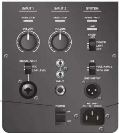 INPUT 1 VOLUME SIGNAL INPUT MIC LINE LEVEL VOLUME SIGNAL 2 VOLUME INPUT POWER ON OUTPUT SYSTEM POWER / INPUT LWP FRONT LED POWER LIMIT OFF EQ FULL RANGE WITH SUB LINE OUTPUT INT - 50Hz- 53.728, 50MHz