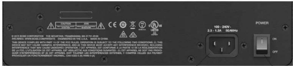 CAUTION AVB CE P C L 100 - 240V - 2.3 - 1.2A 50/60Hz POWER ON OFF © 2019 BOSE CORPORATION THE MOUNTAIN, FRAMSHAM, MA 0170-9168 PROVEE: WWW.BOSE.COM/ATEIS ENGINEED IN THE U.S.A. MADE IN CHINA THIS DEVICE COMPLIES WITH PART 15 OF THE FOG RULES OPERATION (E) SUBJECT TO THE FOLLOWING TWO CONDITIONS. (I) THIS DEVICE MAY NOT CAUSE MANUAL INTERFERENCE, AND (D) THIS DEVICE MUST ACCEPT ANY INTERFERENCE RECEIVED, INCLUDING INTERFERENCE THAT MAY CAUSE UNDESSED OPERATION / GET APPAREL EST CONFORME À LA PARTIE 15 DE LA RÉGLEMENTATION DE LA FOG L'UTILIZATION DE GET APPAREL EST ADJUSTETTE AUX CONCHOISE DUNANTED (I) GET APPAREL NE GET PIN PROVO- QUOT DIFFERENCES ET (D) GET APPAREL DOT TOLENE LES INTERFERENCE DUTENNE, Y COMPENSE CELLES OUR PEAVEMENT PROVOQUER UN FONCTIONNEMENT ANORMAL CAN IOS-3 (A) AWB-3 (A)