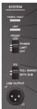 SYSTEM POWER / FAULT LIMIT FRONT LED POWER LIMIT OFF EQ FULL RANGE WITH SUB LINE OUTPUT