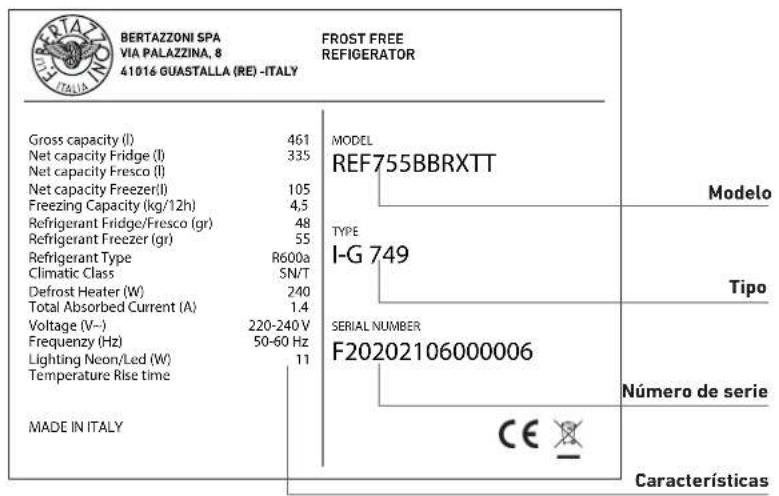 BERTAZZONI SPA VIA PALAZZINA, 8 41016 GUASTALLA (RE) -ITALY FROST FREE REFIGERATOR Gross capacity (l) 461 Net capacity Fridge (l) 335 Net capacity Fresco (l) Net capacity Freezer(l) 105 Freezing Capacity (kg/12h) 4,5 Refrigerant Fridge/Fresco (gr) 48 Refrigerant Freezer (gr) 55 Refrigerant Type R600a Climatic Class SN/T Defrost Heater (W) 240 Total Absorbed Current (A) 1.4 Voltage (V-) 220-240 V Frequency (Hz) 50-60 Hz Lighting Neon/Led (W) 11 Temperature Rise time MADE IN ITALY MODEL REF755BBRXTT TYPE I-G 749 SERIAL NUMBER F20202106000006 Número de serie CE X Características Modelo Tipo