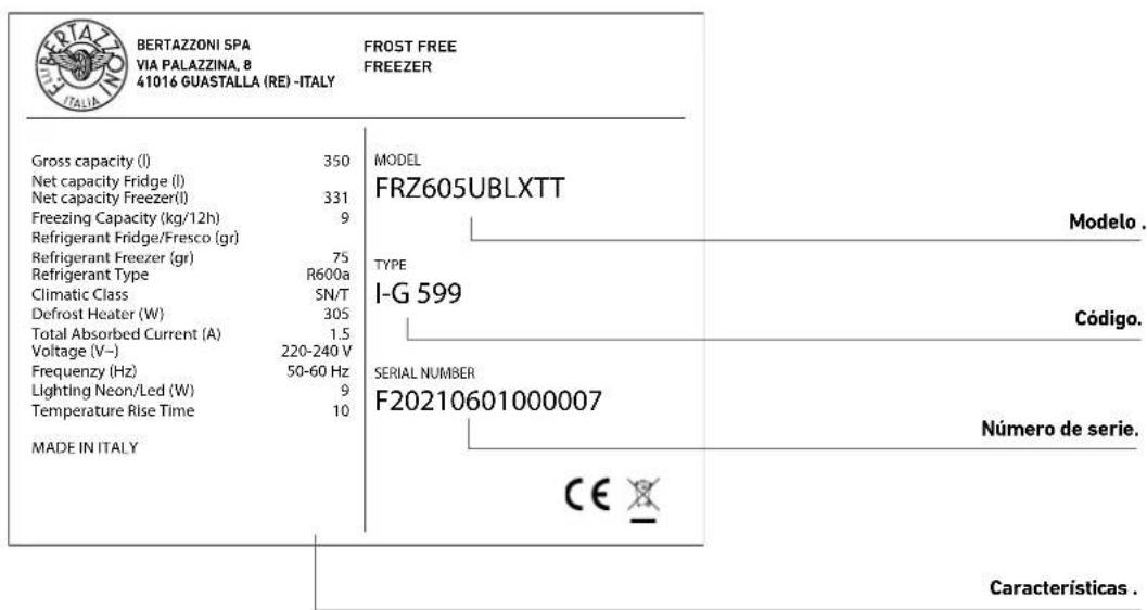 BERTAZZONI SPA VIA PALAZZINA, 8 41016 GUASTALLA (RE) -ITALY FROST FREE FREEZER Gross capacity (l) 350 Net capacity Fridge (l) Net capacity Freezer(l) 331 Freezing Capacity (kg/12h) 9 Refrigerant Fridge/Fresco (gr) Refrigerant Freezer (gr) 75 Refrigerant Type R600a Climatic Class SN/T Defrost Heater (W) 305 Total Absorbed Current (A) 1.5 Voltage (V-) 220-240 V Frequency (Hz) 50-60 Hz Lighting Neon/Led (W) 9 Temperature Rise Time 10 MADE IN ITALY MODEL FRZ605UBLXTT TYPE I-G 599 SERIAL NUMBER F20210601000007 Número de serie. CE X Modelo . Código . Características .