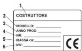 1 2 COSTRUTTORE 3 MODELLO: _ 4 ANNO PROD: _ 5 NR: _ 6 MASSA CA: _ 7 KW: _ CE