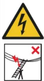 Safety warning sign showing lightning bolt symbol above a ladder and red 'X' mark below, indicating hazard or failure.