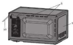 Technical diagram of a microwave oven with labeled parts 8, 9, and 10