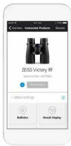 Overview Connected Products Rename ZEISS Victory RF Serial number: 437562 Displacement Make settings Battery Result Display